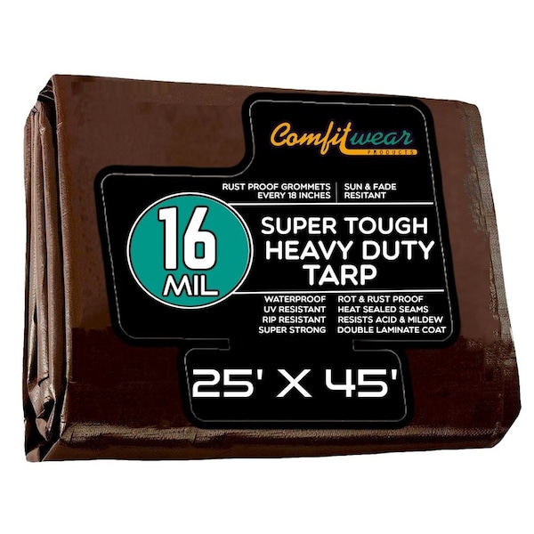 Comfitwear 16 MIL Extreme Heavy Duty Multi-Purpose Tarp Cover Rust Proof Waterproof Reinforced Edges Brown ETBR-2545-FBA - main